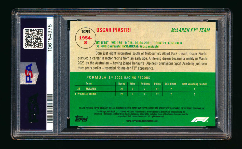 2024 Topps Chrome Sapphire F1 #1954-8 Oscar Piastri 1954 Gold Refractor #19/50 PSA 10 - POP 1! ** (SOLD eBay - $249.00 - 10/7/2025) **