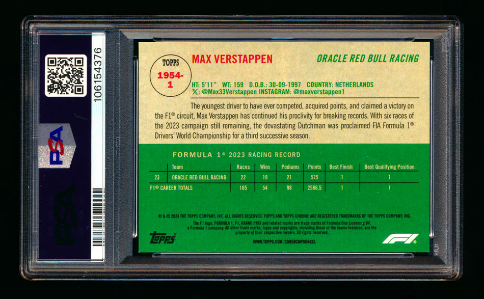 2024 Topps Chrome Sapphire F1 #1954-1 Max Verstappen 1954 Gold Refractor #33/50 PSA 9 (Car Number #33!) ** (SOLD eBay - $109.00 - 9/17/2025) **