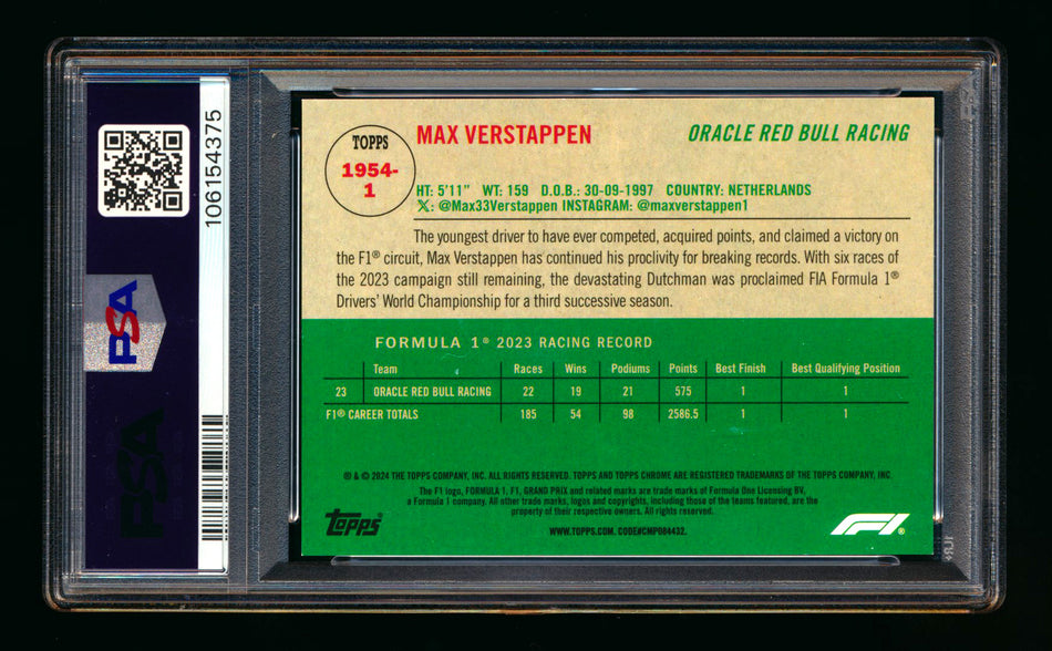 2024 Topps Chrome Sapphire F1 #1954-1 Max Verstappen 1954 Gold Refractor #24/50 PSA 9