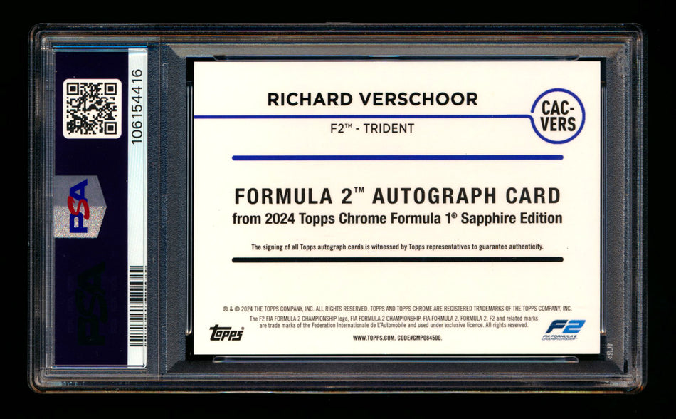 2024 Topps Chrome Sapphire F1 #CAC-VERS Richard Verschoor RC Padparadscha Refractor Autograph #1/1 PSA 10