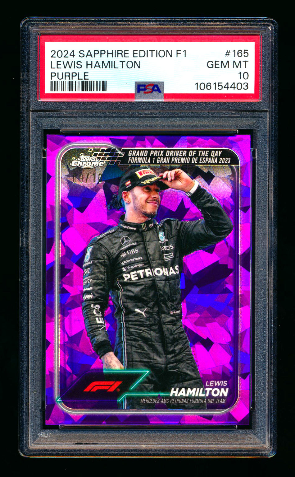 2024 Topps Chrome Sapphire F1 #165 Lewis Hamilton Purple Refractor #09/10 PSA 10