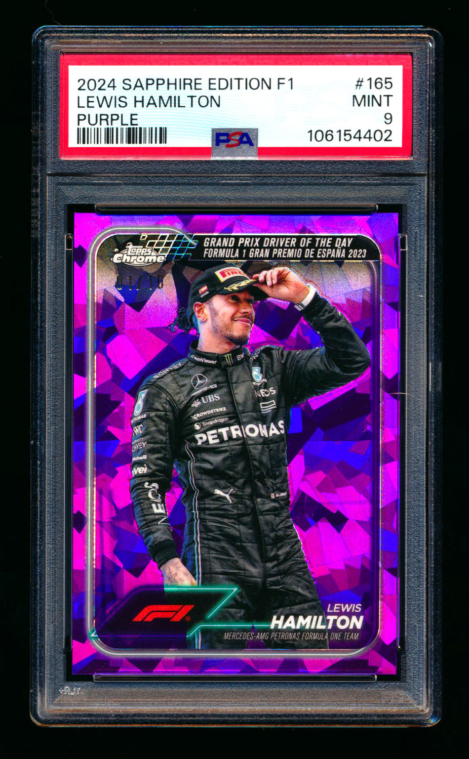 2024 Topps Chrome Sapphire F1 #165 Lewis Hamilton Purple Refractor #01/10 PSA 9 (First #!)