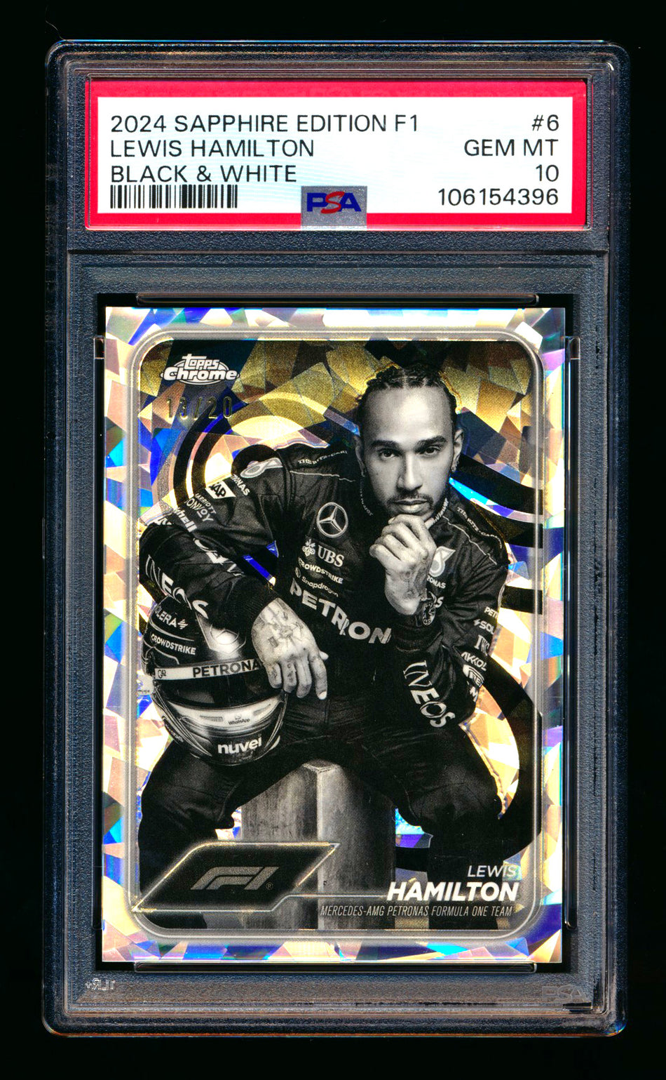 2024 Topps Chrome Sapphire F1 #6 Lewis Hamilton Black & White Refractor Portrait #13/20 PSA 10 ** (SOLD - $700.00 - 10/14/2025) **