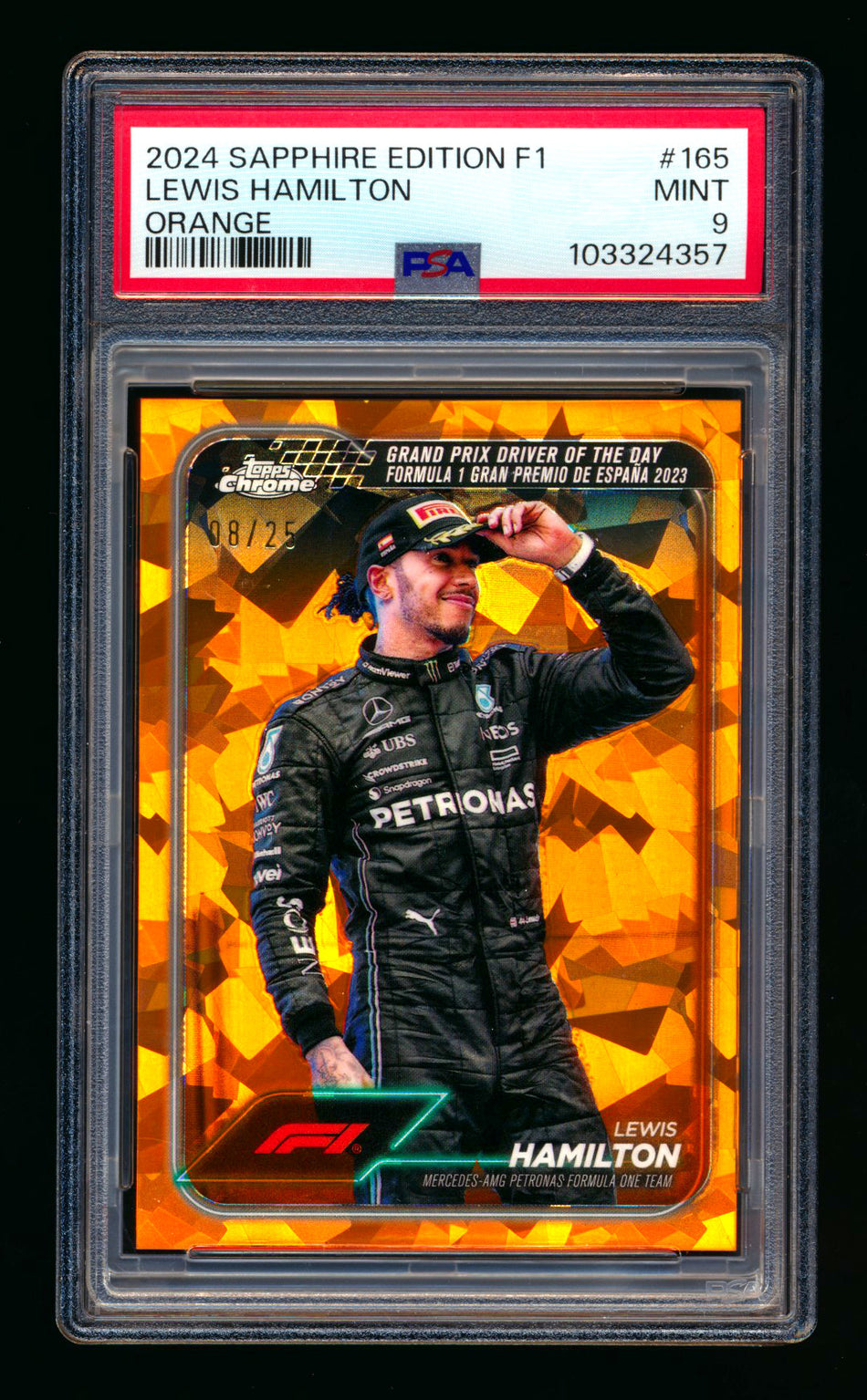 2024 Topps Chrome Sapphire F1 #165 Lewis Hamilton Orange Refractor #08/25 PSA 9