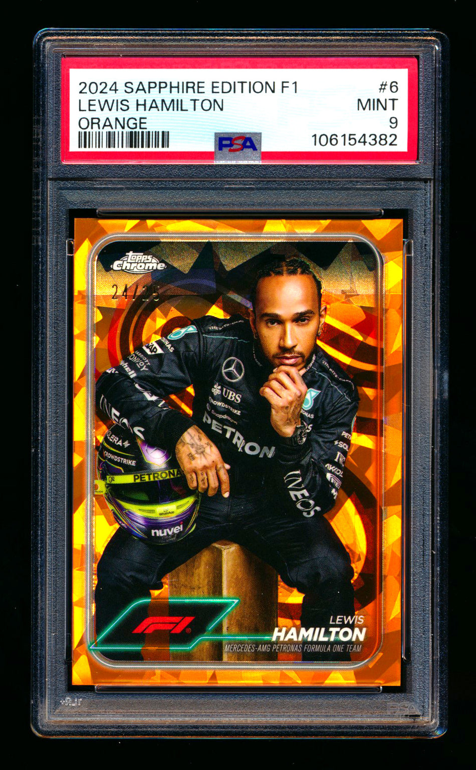 2024 Topps Chrome Sapphire F1 #6 Lewis Hamilton Orange Refractor Portrait #24/25 PSA 9