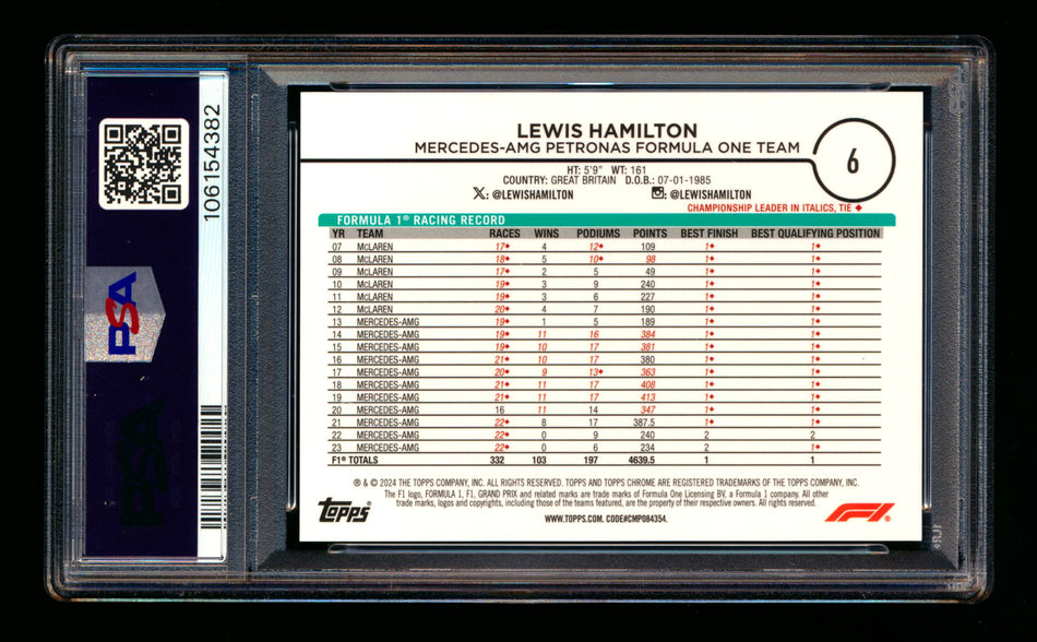 2024 Topps Chrome Sapphire F1 #6 Lewis Hamilton Orange Refractor Portrait #24/25 PSA 9