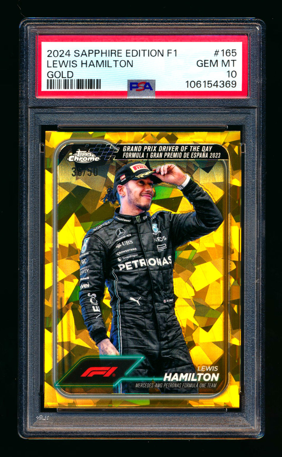 2024 Topps Chrome Sapphire F1 #165 Lewis Hamilton Gold Refractor #36/50 PSA 10