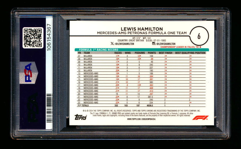 2024 Topps Chrome Sapphire F1 #6 Lewis Hamilton Gold Refractor Portrait #27/50 PSA 9 ** (SOLD eBay - $120.00 - 9/19/2025) **