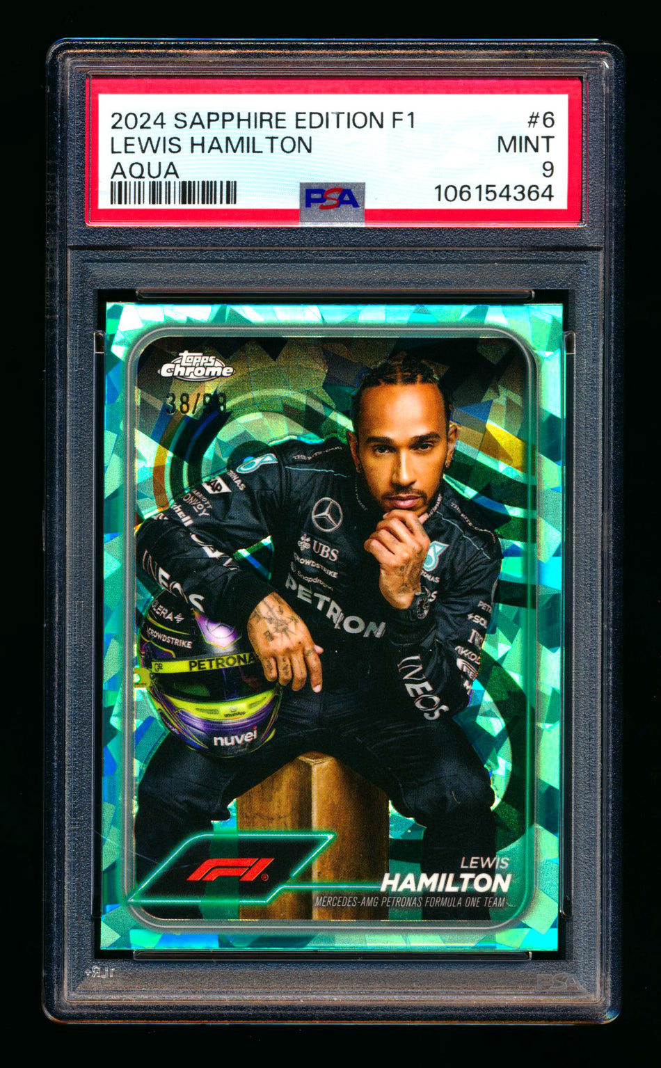 2024 Topps Chrome Sapphire F1 #6 Lewis Hamilton Aqua Refractor Portrait #38/99 PSA 9