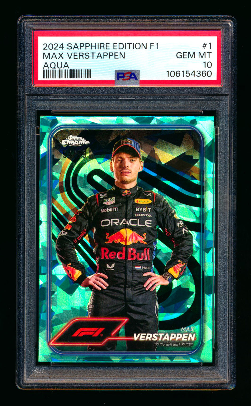 2024 Topps Chrome Sapphire F1 #1 Max Verstappen Aqua Refractor Portrait #54/99 PSA 10