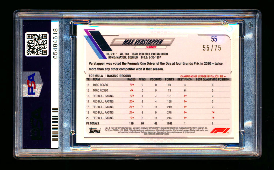 2021 Topps Chrome Sapphire F1 #55 Max Verstappen Green Refractor #55/75 PSA 10
