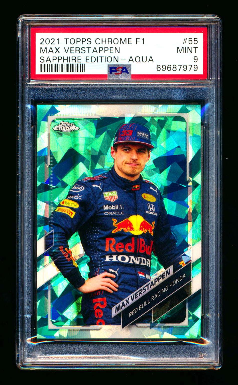 2021 Topps Chrome Sapphire F1 #55 Max Verstappen Aqua Refractor #90/99 PSA 9