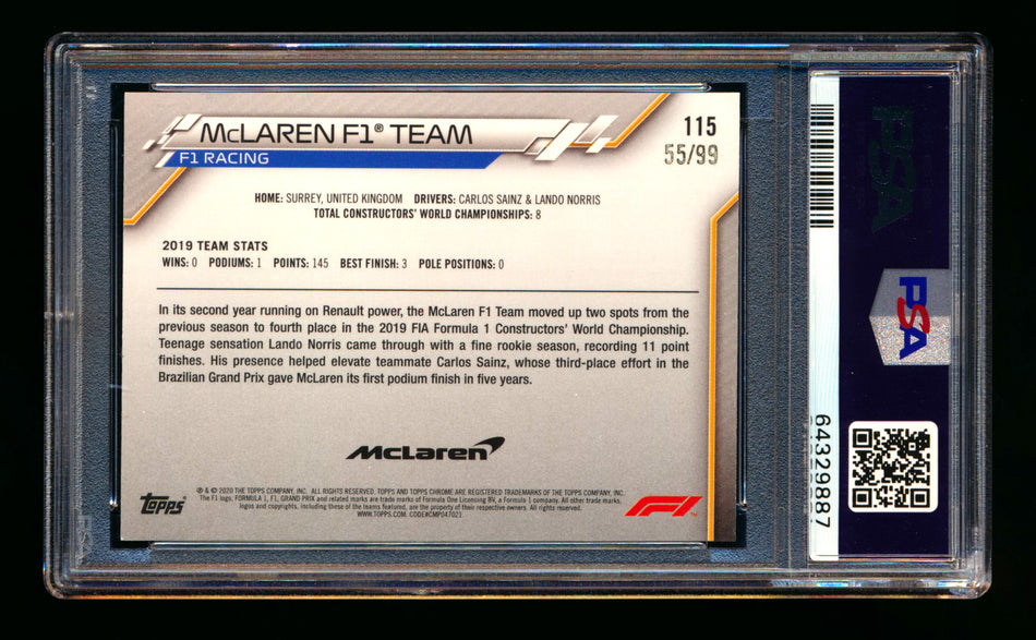 2020 Topps Chrome Sapphire F1 #115 McLaren Team Logo RC Aqua Refractor #55/99 PSA 9