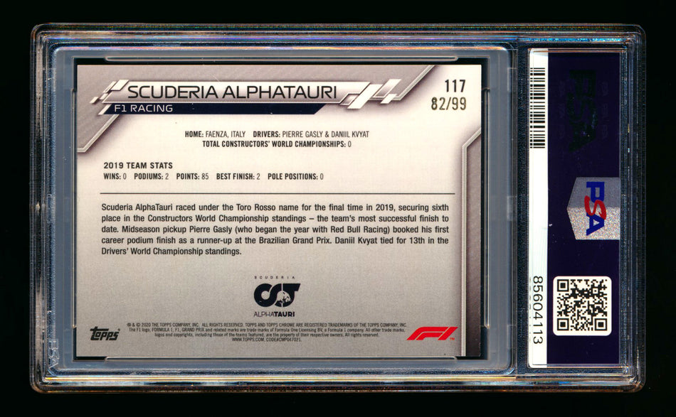 2020 Topps Chrome Sapphire F1 #117 Scuderia AlphaTauri Team Logo RC Aqua Refractor #82/99 PSA 8 ** (SOLD eBay - $59.00 - 9/19/2025) **
