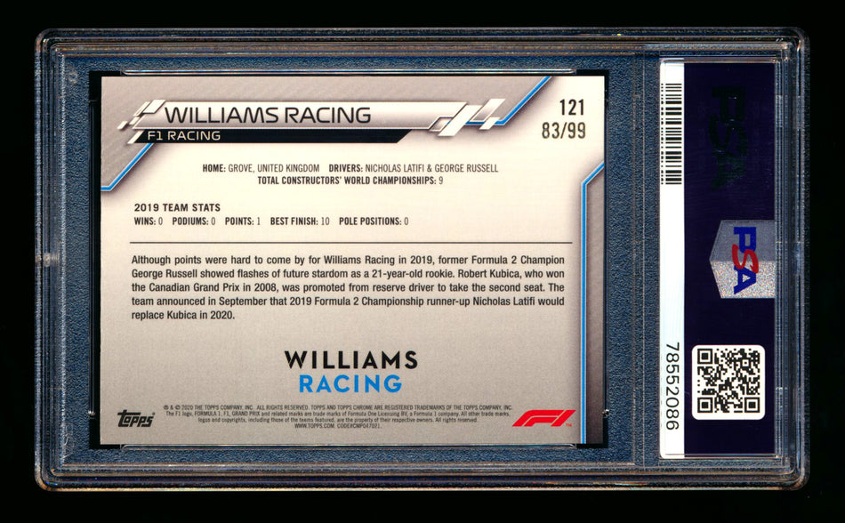 2020 Topps Chrome Sapphire F1 #121 Williams Racing Team Logo RC Aqua Refractor #83/99 PSA 8