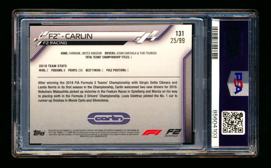 2020 Topps Chrome Sapphire F1 #131 Carlin Team Logo RC Aqua Refractor #25/99 PSA 8
