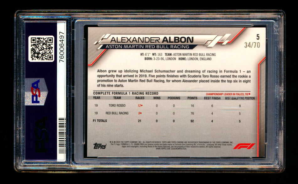 2020 Topps Chrome Sapphire F1 #5 Alexander Albon RC 70th Silver Refractor Image Variation SP #34/70 PSA 9 ** (SOLD - $295.00 - 9/25/2025) **