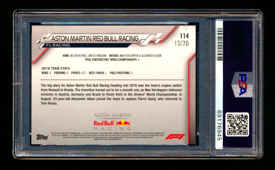 2020 Topps Chrome Sapphire F1 #114 Aston Martin Red Bull Team Logo RC 70th Silver Refractor #15/70 PSA 8 ** (SOLD eBay - $225.00 - 9/29/2025) **