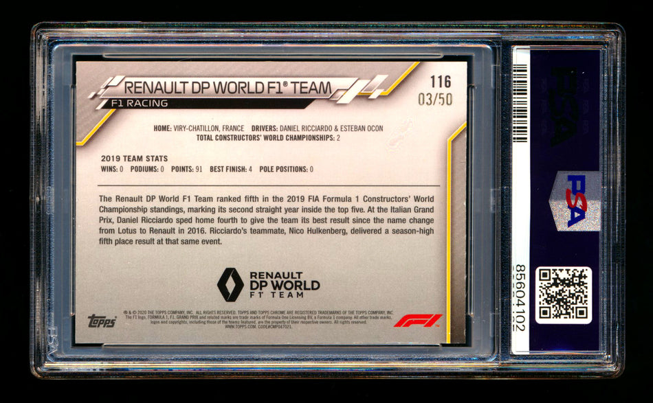2020 Topps Chrome Sapphire F1 #116 Renault DP World Team Logo RC Gold Refractor #03/50 PSA 8 ** (SOLD - $105.00 - 9/19/2025) **