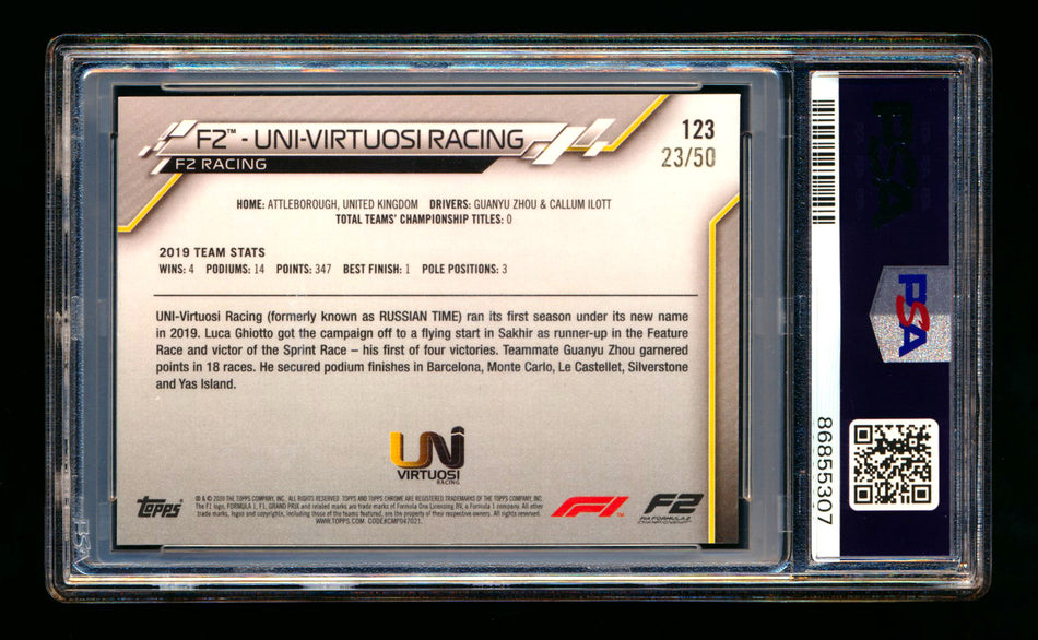 2020 Topps Chrome Sapphire F1 #123 UNI-Virtuosi Racing Team Logo RC Gold Refractor #23/50 PSA 9 ** (SOLD - $80.00 - 9/18/2025) **