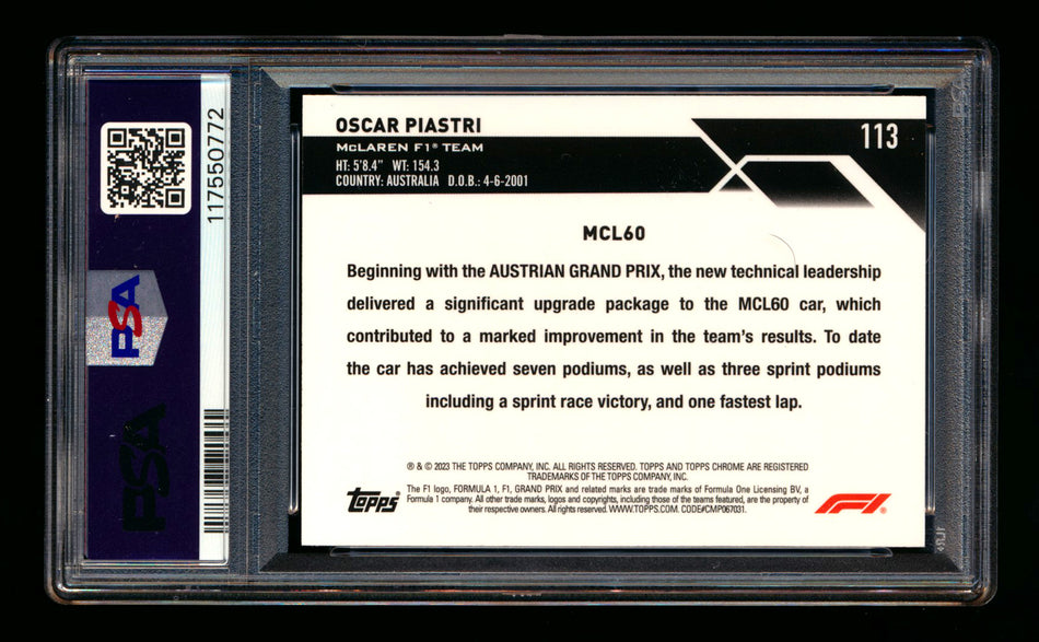2023 Topps Chrome F1 #113 Oscar Piastri RC PSA 10