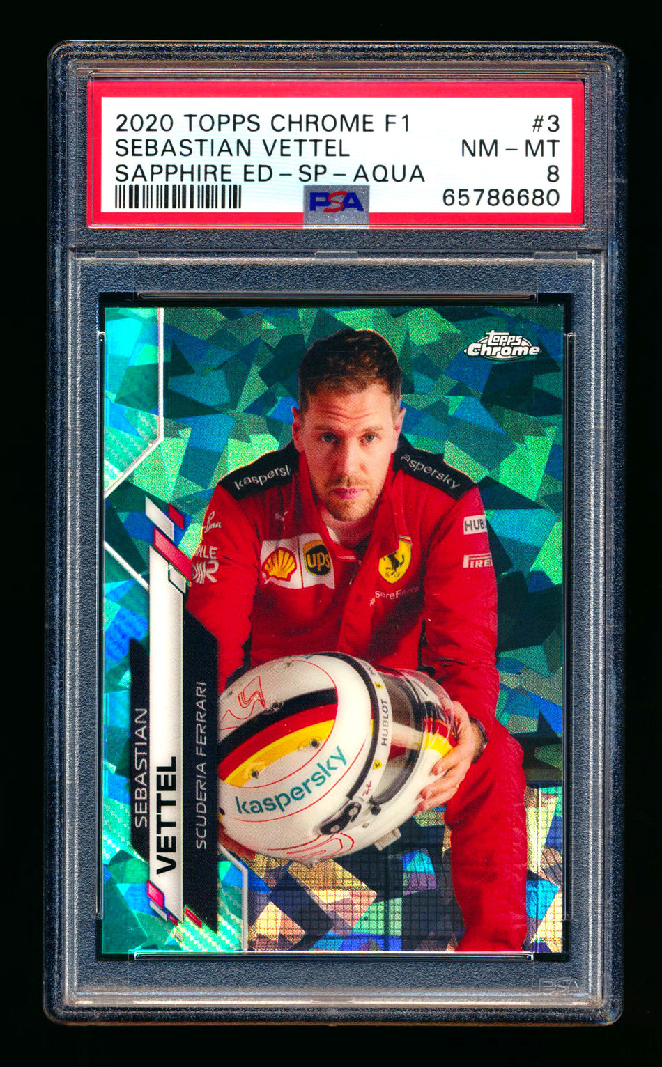 2020 Topps Chrome Sapphire F1 #3 Sebastian Vettel RC Aqua Refractor Image Variation SP #43/99 PSA 8