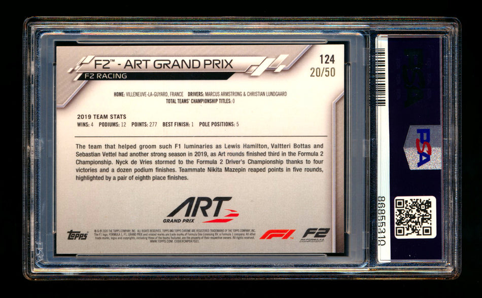 2020 Topps Chrome Sapphire F1 #124 ART Grand Prix Team Logo RC Gold Refractor #20/50 PSA 9