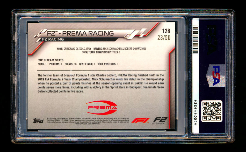 2020 Topps Chrome Sapphire F1 #128 Prema Racing Team Logo RC Gold Refractor #23/50 PSA 9 ** (SOLD - $95.00 - 9/18/2025) **