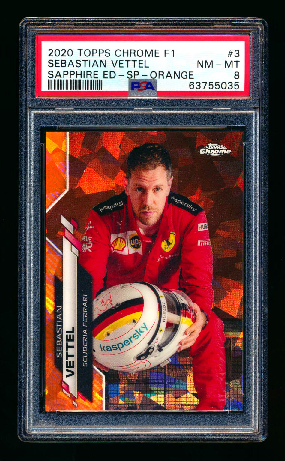 2020 Topps Chrome Sapphire F1 #3 Sebastian Vettel RC Orange Refractor Image Variation SP #20/25 PSA 8 ** (SOLD - $700.00 - 9/27/2025) **
