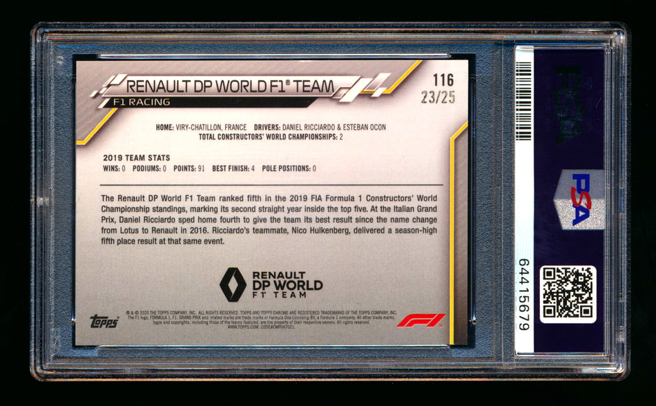 2020 Topps Chrome Sapphire F1 #116 Renault DP World Team Logo RC Orange Refractor #23/25 PSA 9