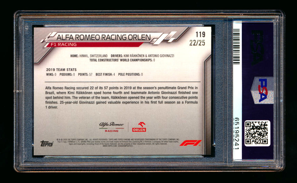 2020 Topps Chrome Sapphire F1 #119 Alfa Romeo Racing Orlen Team Logo RC Orange Refractor #22/25 PSA 8