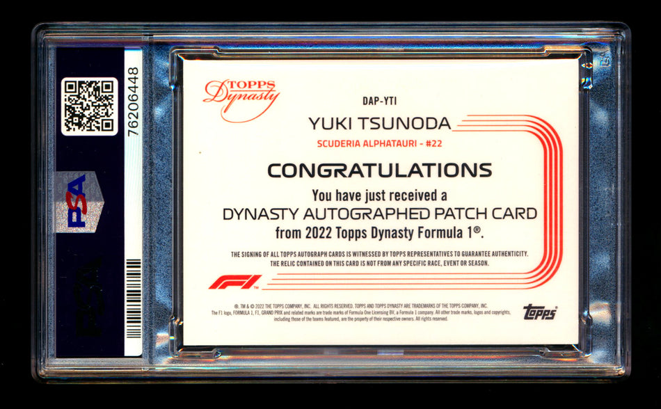 2022 Topps Dynasty F1 #DAP-YTI Yuki Tsunoda Black Patch Autograph #2/2 PSA 9 Mint (Last #!) ** (SOLD eBay - $450.00 - 9/25/2025) **