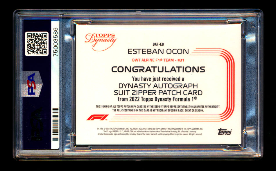2022 Topps Dynasty F1 #DAF-EO Esteban Ocon Zipper Patch Autograph #09/10 PSA 9 Mint DNA 9