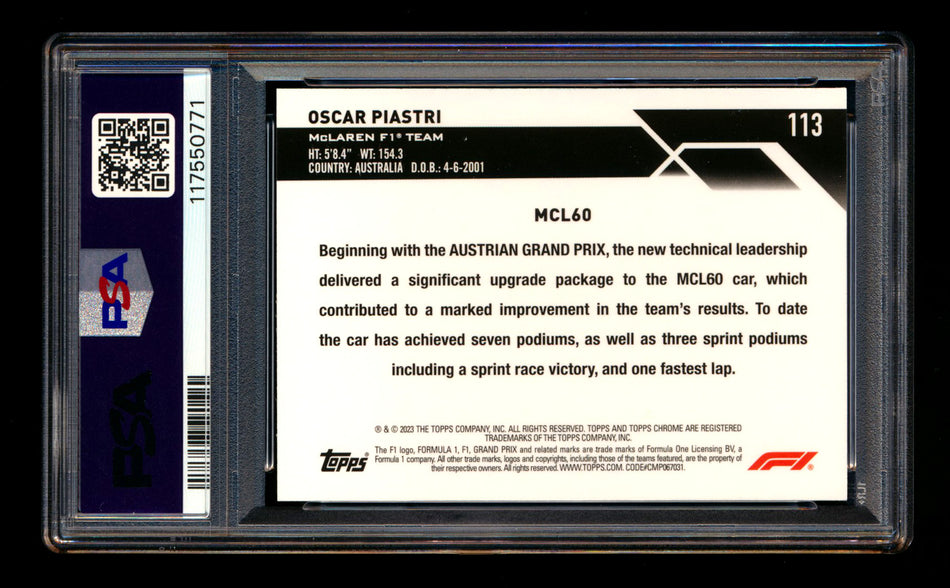 2023 Topps Chrome Sapphire F1 #113 Oscar Piastri RC Refractor PSA 10