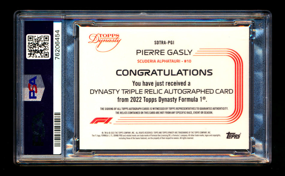 2022 Topps Dynasty F1 #SDTRA-PGI Pierre Gasly Red Triple Patch Autograph #5/5 PSA 10 Gem Mint (Last #!) - POP 1!