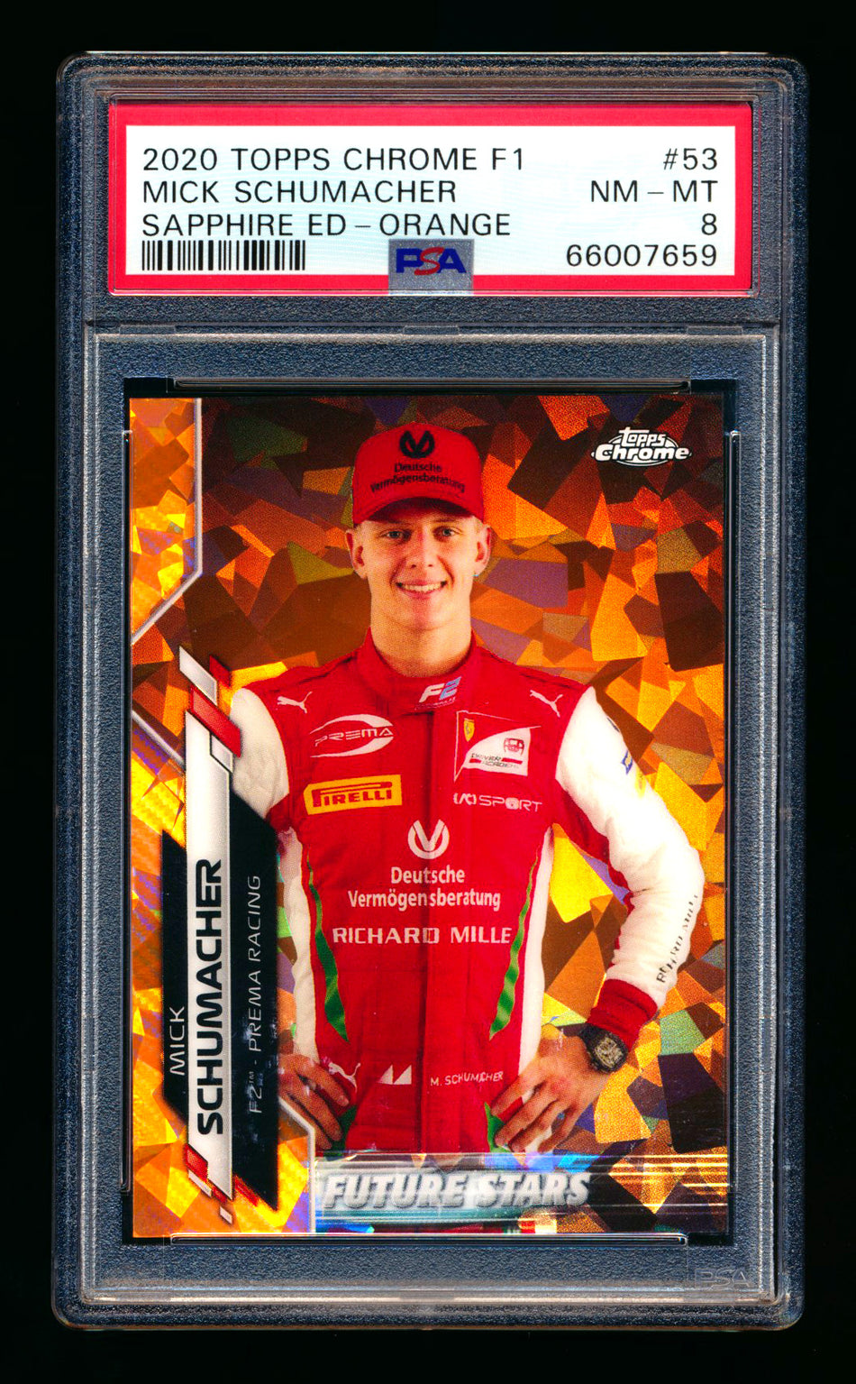 2020 Topps Chrome Sapphire F1 #53 Mick Schumacher RC Orange Refractor #14/25 PSA 8 ** (SOLD - $149.00 - 9/12/2025) **