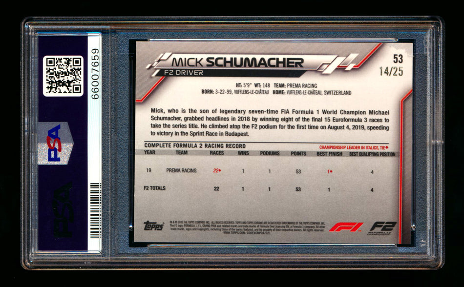 2020 Topps Chrome Sapphire F1 #53 Mick Schumacher RC Orange Refractor #14/25 PSA 8 ** (SOLD - $149.00 - 9/12/2025) **