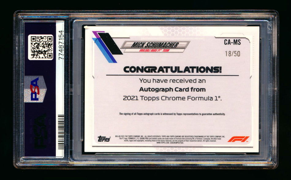 2021 Topps Chrome F1 #CA-MS Mick Schumacher RC Gold Wave Refractor Autograph #18/50 PSA 10 DNA 10