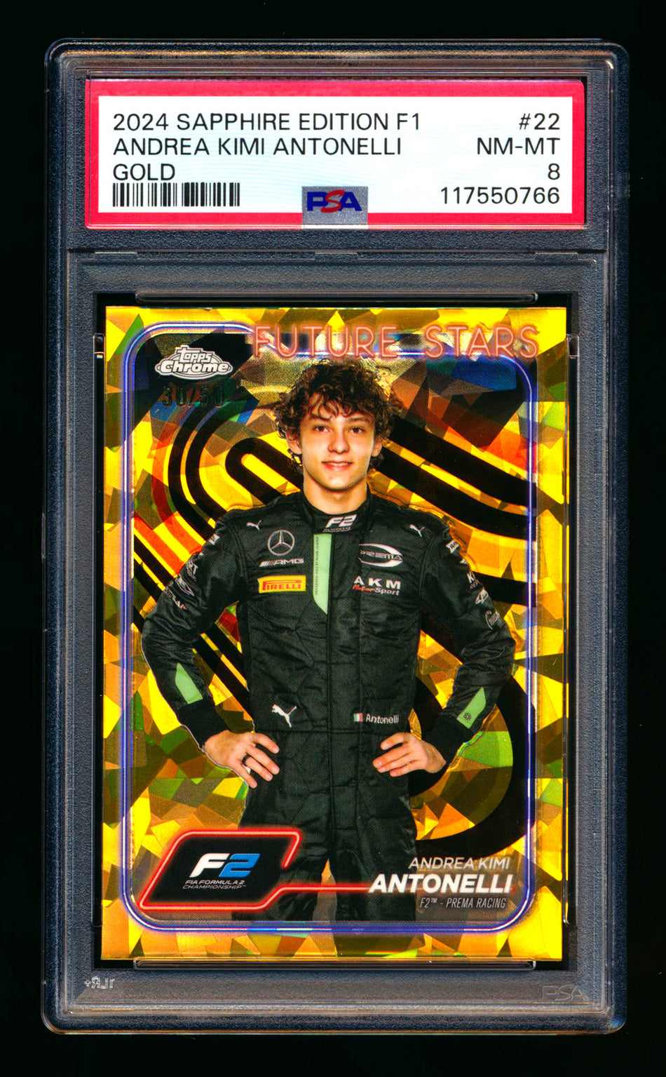 2024 Topps Chrome Sapphire F1 #22 Andrea Kimi Antonelli RC Gold Refractor Portrait #30/50 PSA 8