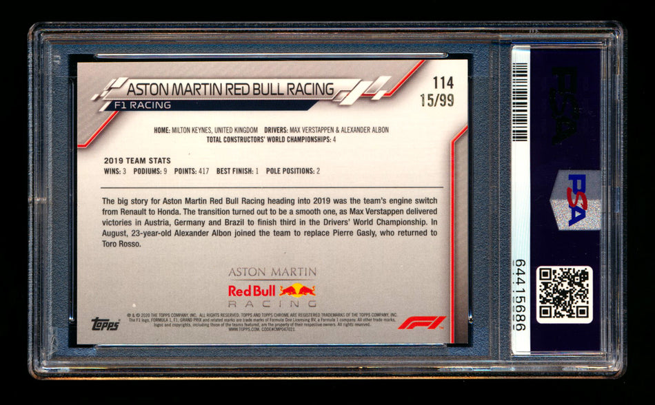 2020 Topps Chrome Sapphire F1 #114 Aston Martin Red Bull Team Logo RC Aqua Refractor #15/99 PSA 9 ** (SOLD - $240.00 - 9/29/2025) **