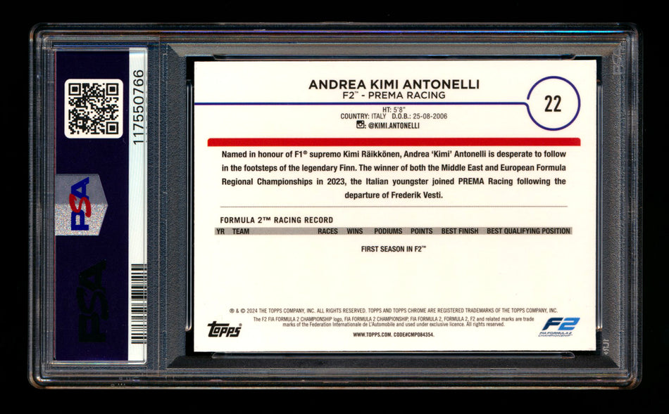 2024 Topps Chrome Sapphire F1 #22 Andrea Kimi Antonelli RC Gold Refractor Portrait #30/50 PSA 8