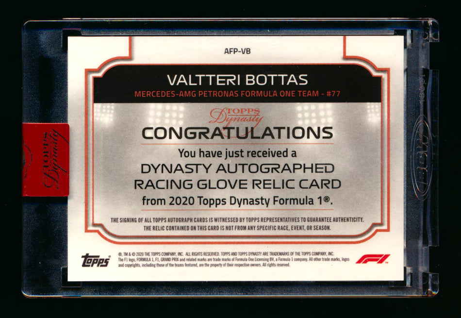 2020 Topps Dynasty F1 #AFP-VB Valtteri Bottas RC ROOKIE Glove Patch Autograph #04/10 ** (SOLD - $895.00 - 10/2/2025) **