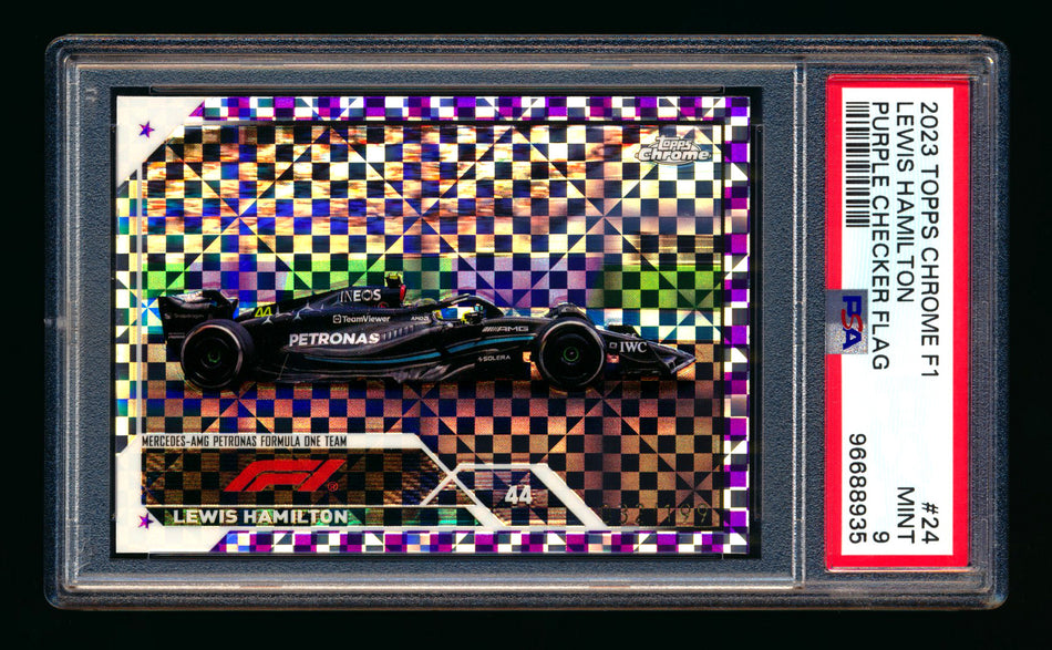 2023 Topps Chrome F1 #24 Lewis Hamilton Purple Checker Flag Refractor #032/199 PSA 9