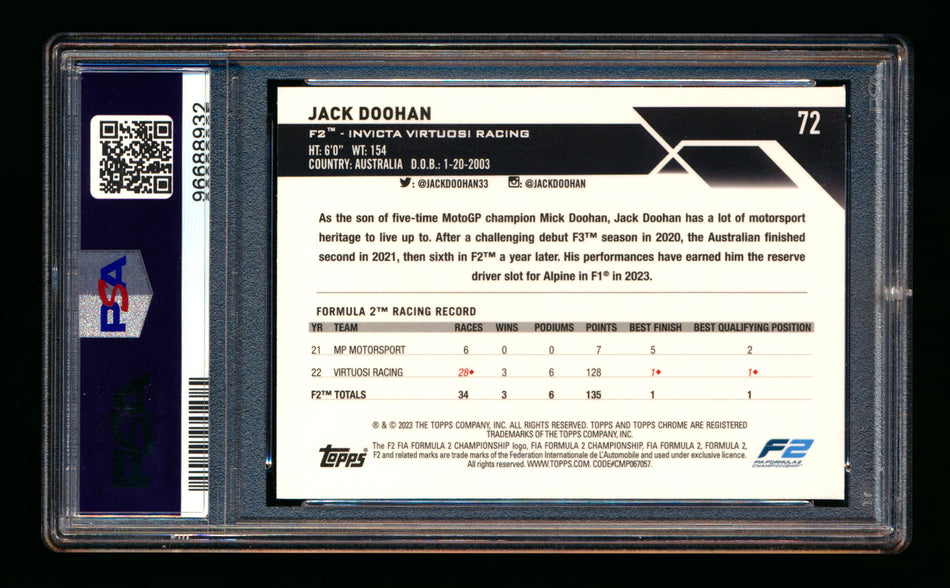 2023 Topps Chrome F1 #72 Jack Doohan RC Mini Diamond Refractor #125/299 PSA 10