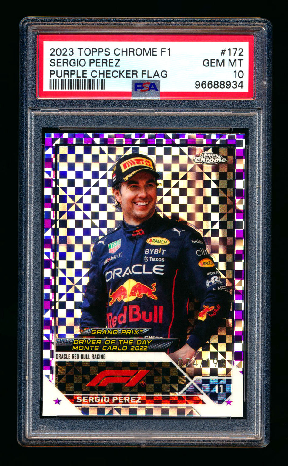 2023 Topps Chrome F1 #172 Sergio Perez Purple Checker Flag Refractor #074/199 PSA 10 - POP 1! ** (SOLD eBay - $35.00 - 10/10/2025) **