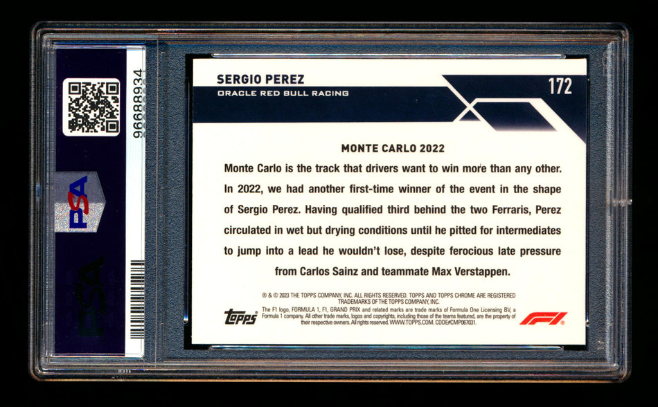 2023 Topps Chrome F1 #172 Sergio Perez Purple Checker Flag Refractor #074/199 PSA 10 - POP 1! ** (SOLD eBay - $35.00 - 10/10/2025) **