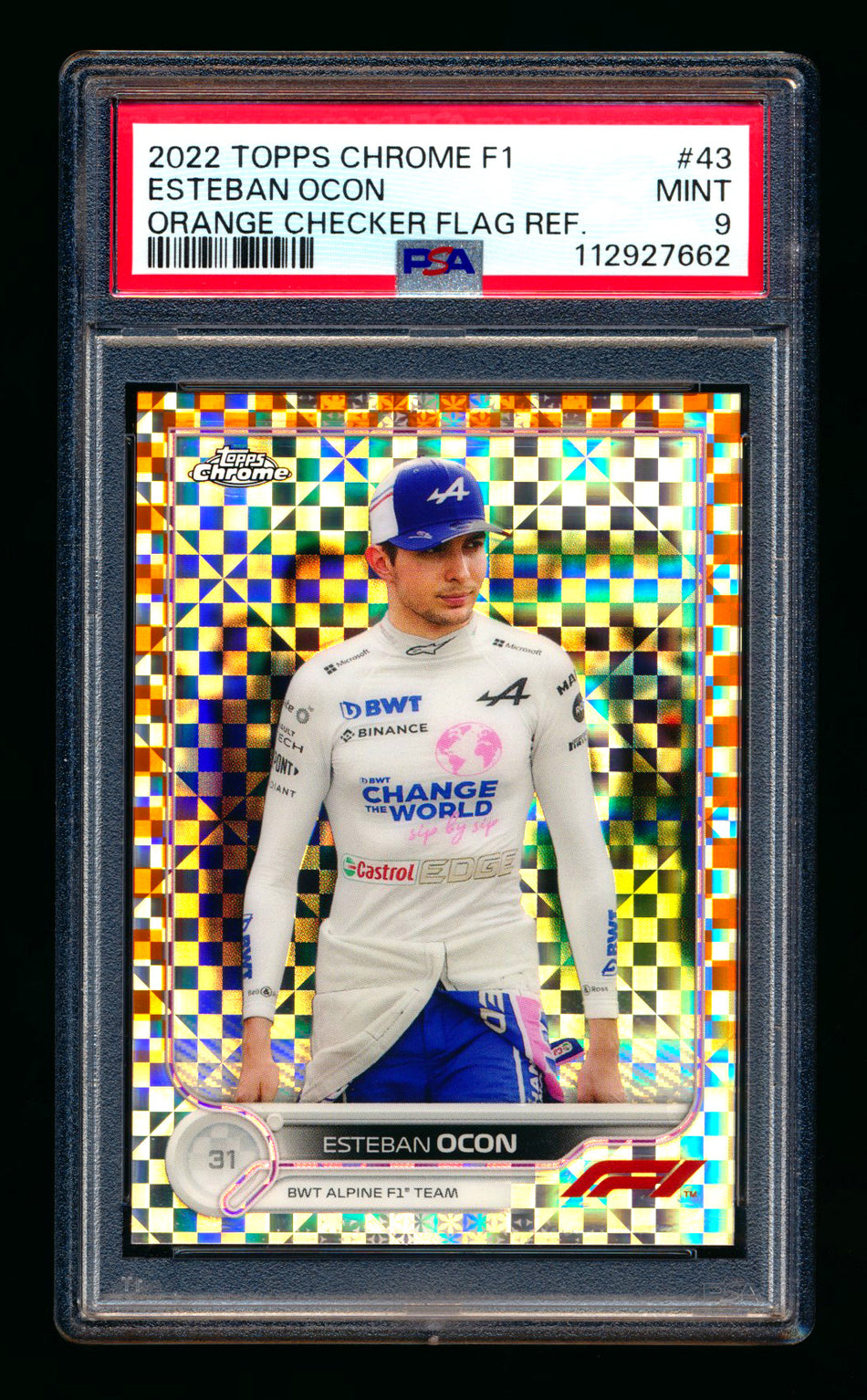 2022 Topps Chrome F1 #43 Esteban Ocon Orange Checker Flag Refractor #08/25 PSA 9