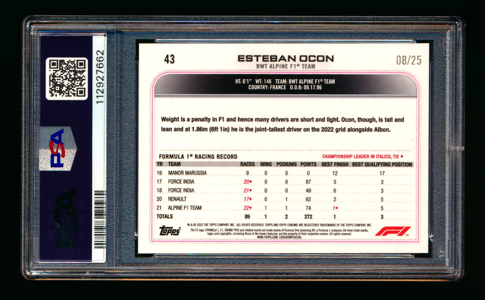 2022 Topps Chrome F1 #43 Esteban Ocon Orange Checker Flag Refractor #08/25 PSA 9