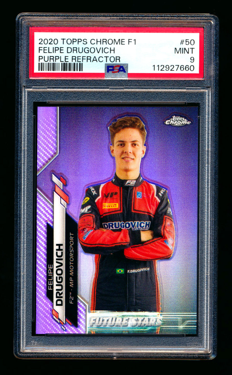 2020 Topps Chrome F1 #50 Felipe Drugovich RC Purple Refractor 364/399 PSA 9