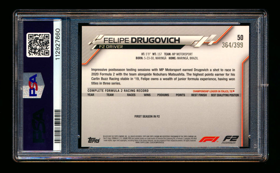 2020 Topps Chrome F1 #50 Felipe Drugovich RC Purple Refractor 364/399 PSA 9